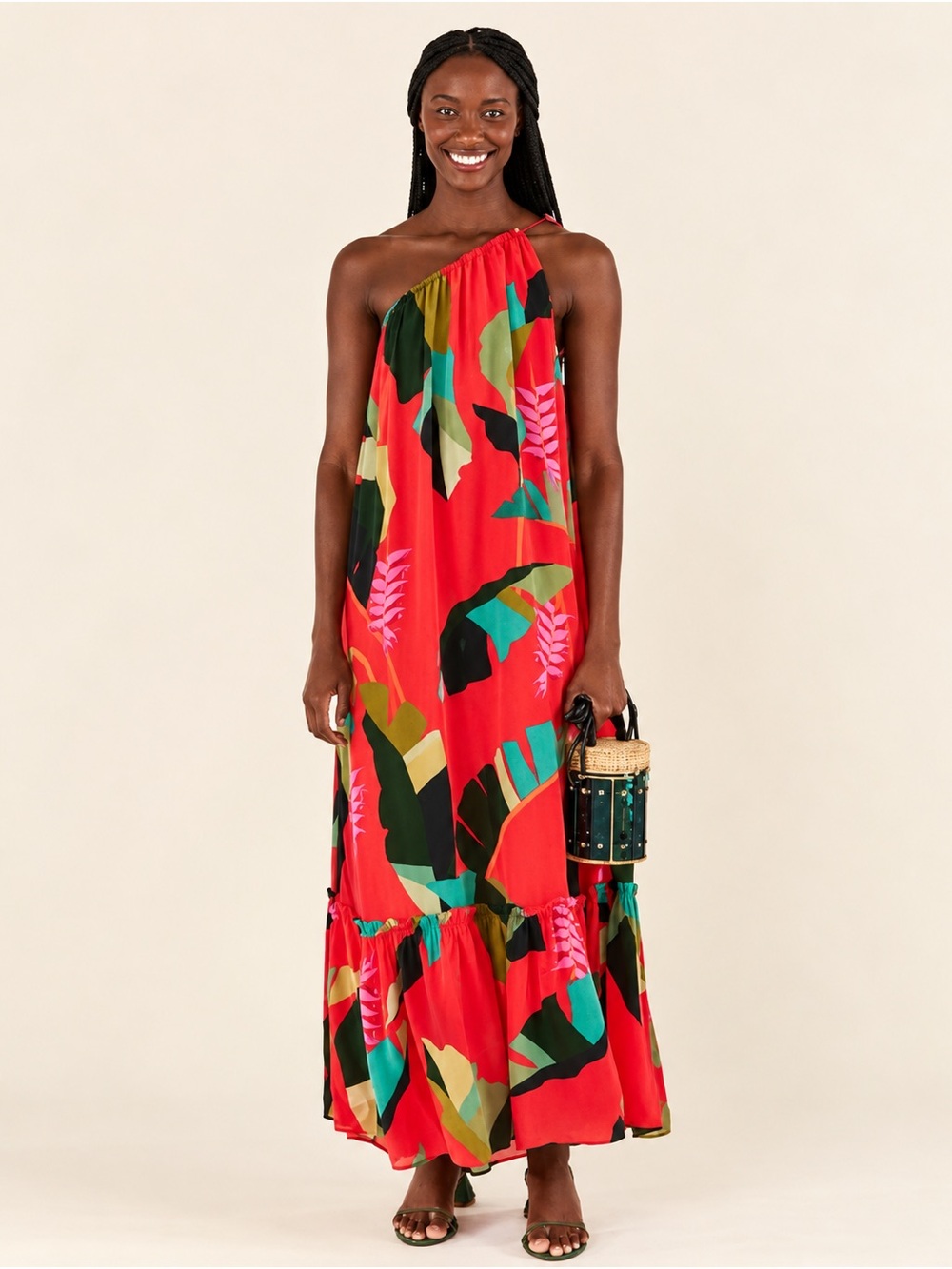 FARM Rio Heliconia Red One Shoulder Maxi Dress Tropical XL
